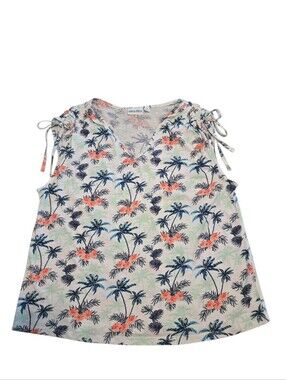 Kiwi Fresh Palm Print Tank Top Women's XL Tropical V Neck Tie Shoulder Cotton